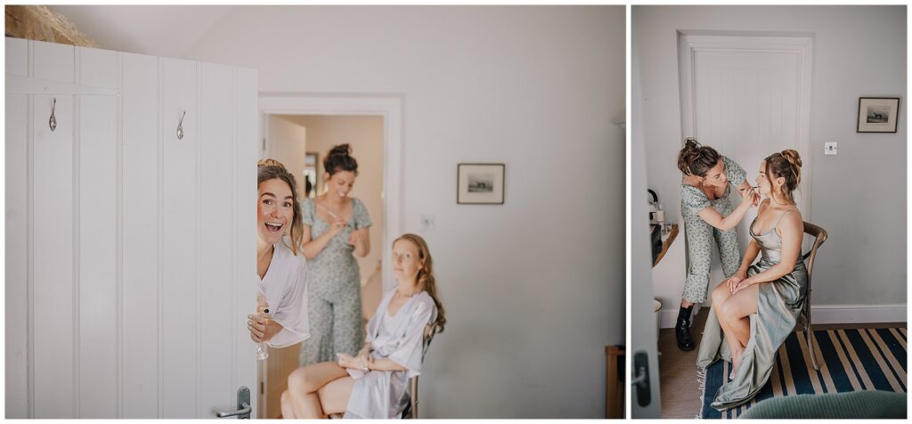 Bridesmaids during prep at Casina Cottage for Cripps Barn wedding